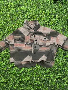 Cropped Aztec Print Button-Up Jacket in Black and Gray with Rust Accents